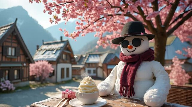  a snowman in a black hat, black glasses and a bard scarf sits at a table under a cherry blossom tree