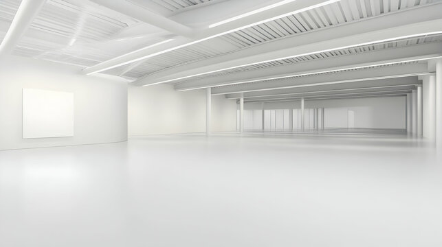 Empty modern white gallery interior, spacious exhibition hall with blank canvas, bright lighting, architectural design for art display