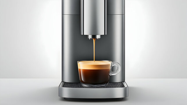 Espresso machine brewing coffee into a glass cup on a white background; ideal for kitchen appliance advertisements