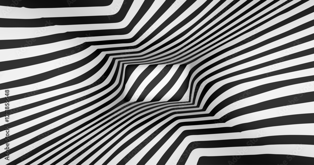 Poster vector black and white striped pattern that creates a 3d optical illusion with curved and distorted 