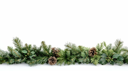 Festive evergreen garland with pine cones, holiday decoration, white background, website banner
