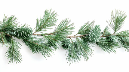 Obraz premium Festive pine garland with frosted cones, isolated on white background, perfect for holiday cards and website banners
