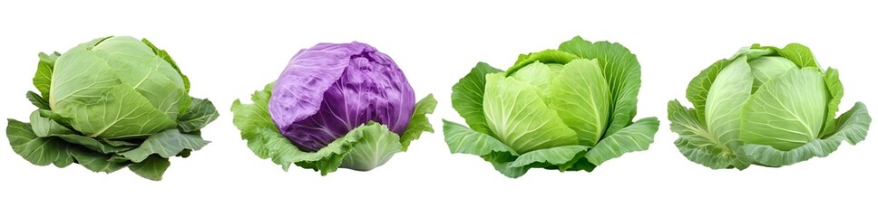 Obraz premium Assortment of fresh cabbages, green, red, and white.
