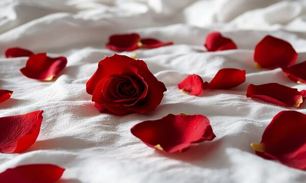 Romantic arrangement of red rose surrounded by soft petals on white bed linens creating a serene and intimate atmosphere perfect for a special occasion or celebration of love