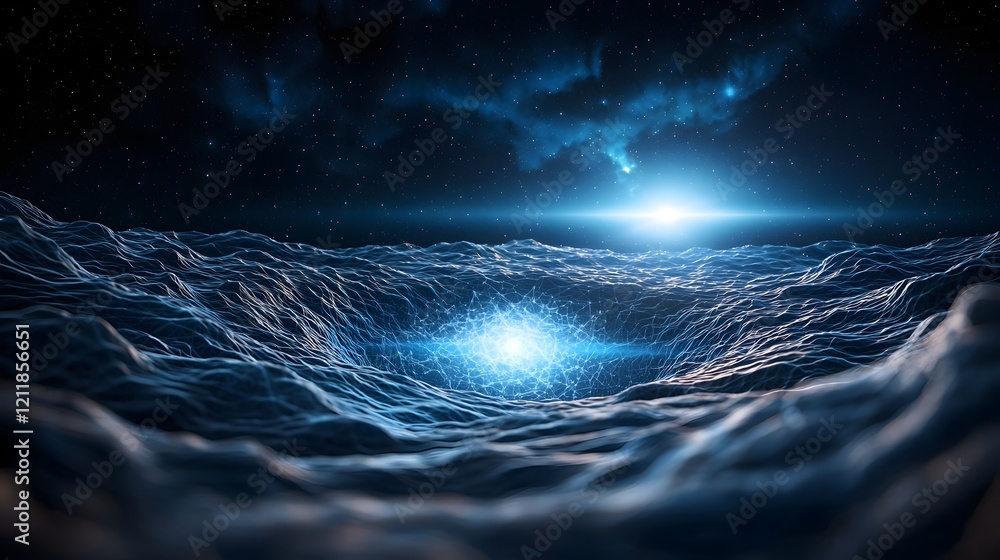 Poster quantum computing simulation visualizing strange quark matter in neutron stars with copy space on th