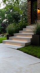 Modern concrete steps, minimalist garden design, sleek outdoor lighting, geometric landscaping, lush green lawn, contemporary architecture, clean lines, outdoor planters, textured concrete, warm ambie