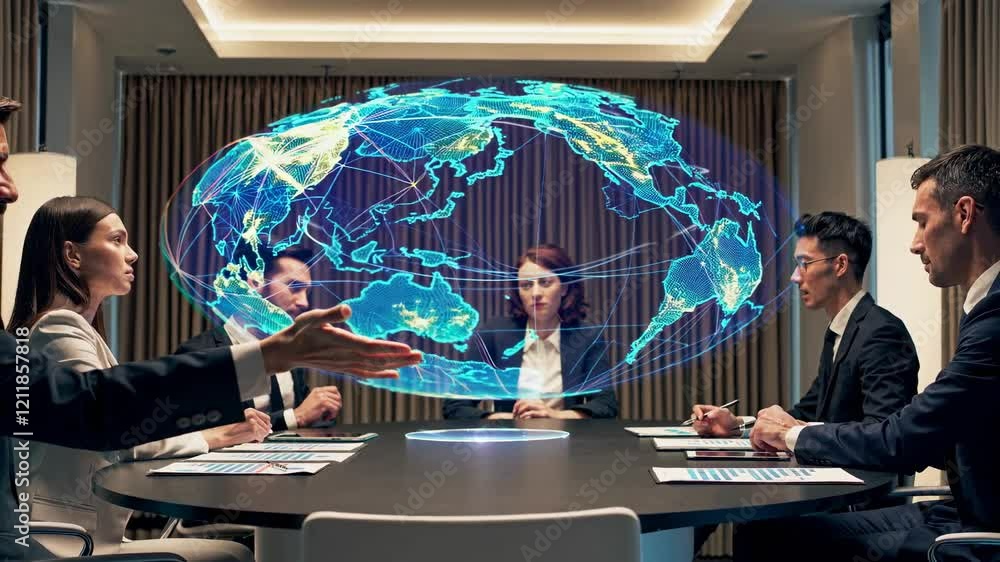 Poster professionals collaborate in a high-tech meeting with a 3d world map projection in a modern conferen