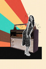 Vertical art creative trend collage of happy girl dance boombox party celebration event chill sound...