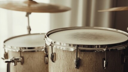 Obraz premium Close-up of a drum set, showing the snare drum and tom-tom, with cymbals in the background.