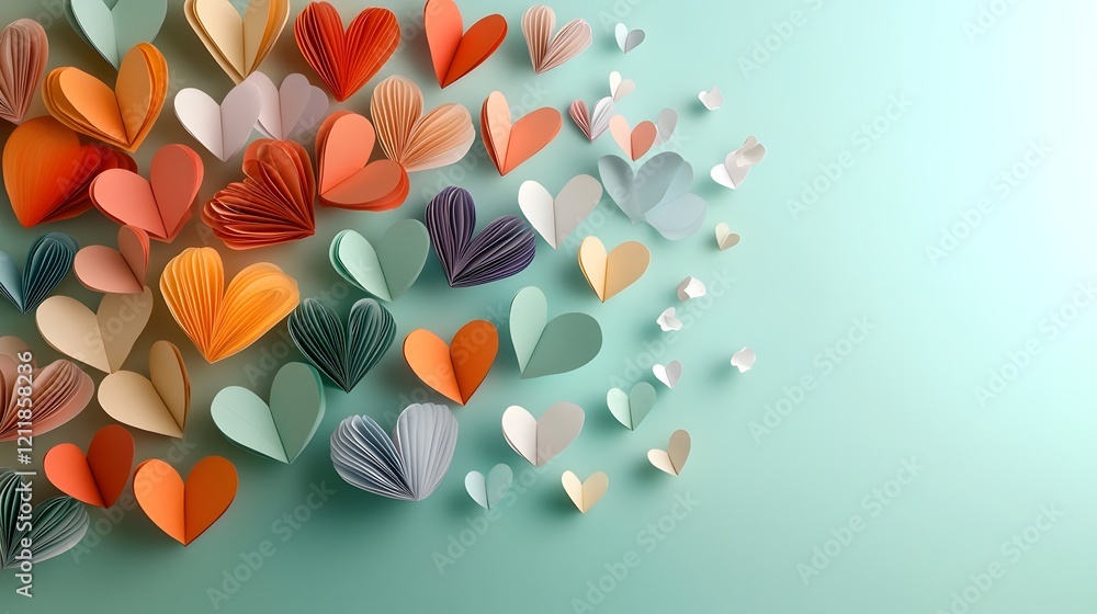 Aufkleber gracefully floating paper hearts in diverse floral patterns against a bright pastel background desig