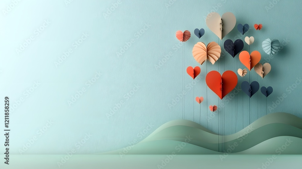 Poster elegant paper hearts in enchanting floral patterns elegantly floating on a soothing pastel colored b