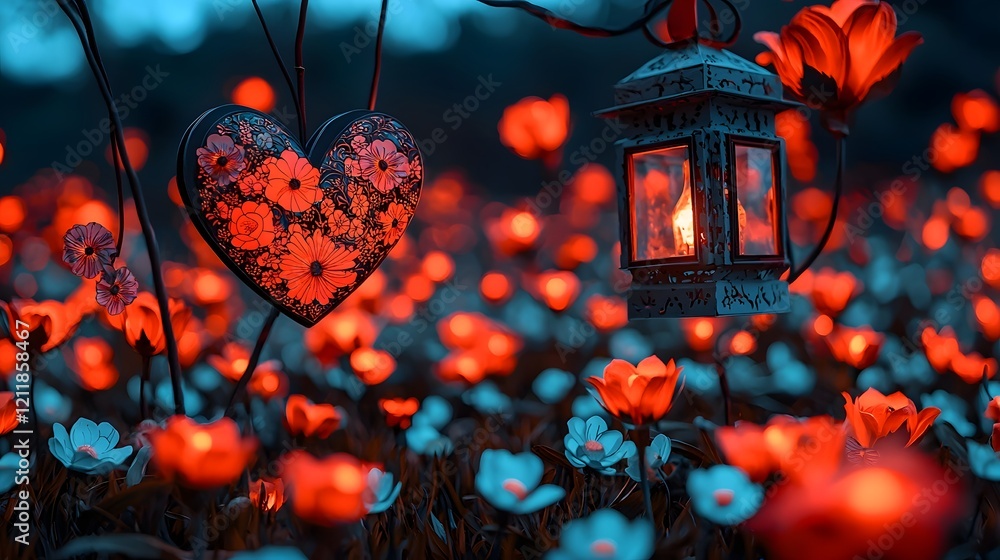 Aufkleber luxurious floral paper hearts with detailed embossing and vibrant colors placed on a glowing backgro