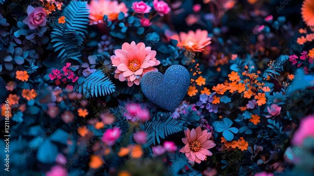 Poster Luxurious paper hearts with detailed embossing and vibrant floral patterns placed on a glowing atmospheric background creating a romantic and visual delight