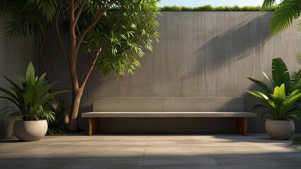 Obraz premium Empty exterior concrete wall with tropical style garden 3d render,decorate with tropical style tree ,sunlight on the wall
