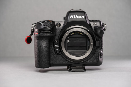 Gothenburg, Sweden - October 11 2023: Front view of a Nikon Z8 mirrorless camera on grey background.