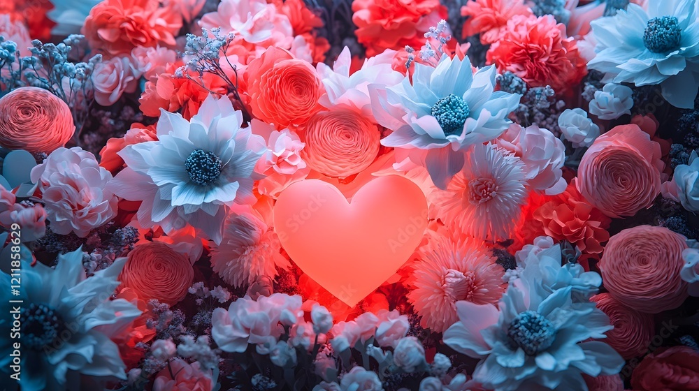 Aufkleber vibrant floral hearts made from paper with soft glowing highlights arranged on a dynamic and colorfu