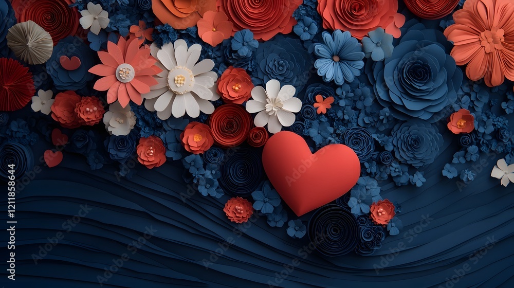 Poster vibrant and playful floral hearts made of paper arranged in a dynamic and soft glowing valentine s d