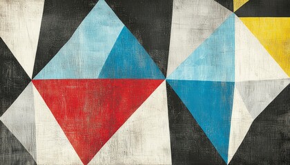 Abstract Geometric Painting with Red Blue and White Triangles