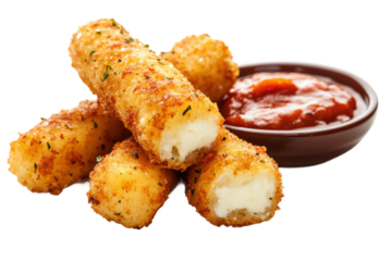 Delicious mozzarella sticks served with rich marinara sauce for dipping isolated on transparent background