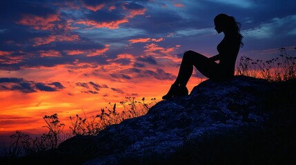 Obraz premium Silhouette of a Woman at Sunset on a Mountaintop
