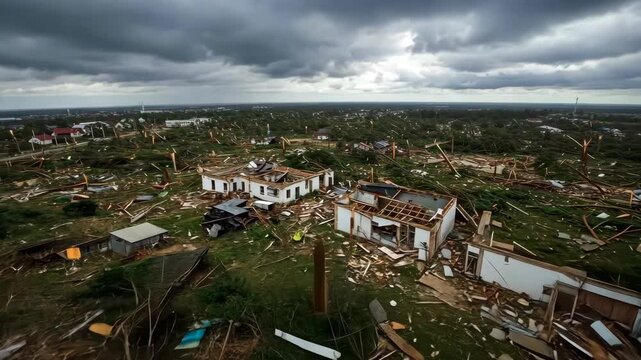 Aerial view, devastation and damage after storm with destroyed homes, landscape and outdoor for natural disaster. Hurricane, environment and destruction with damage, wreckage and risk