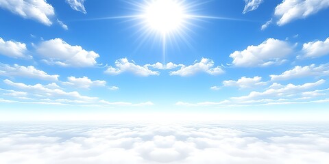 Bright sun above fluffy clouds and blue sky.