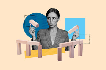 Contemporary poster trend art collage of puzzled businesswoman hold wooden brick tower build jenga...
