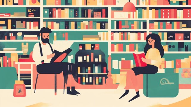 Two people reading books in a colorful library illustration with shelves and books