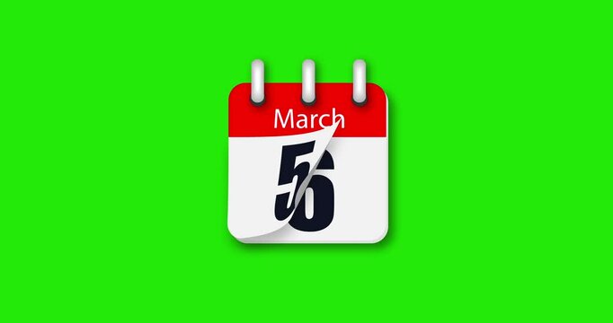 Calendar for March on green background, flipping through the days of the month. Pages fall out of the calendar. Animation of changing dates. Chroma key. 4k graphic movement