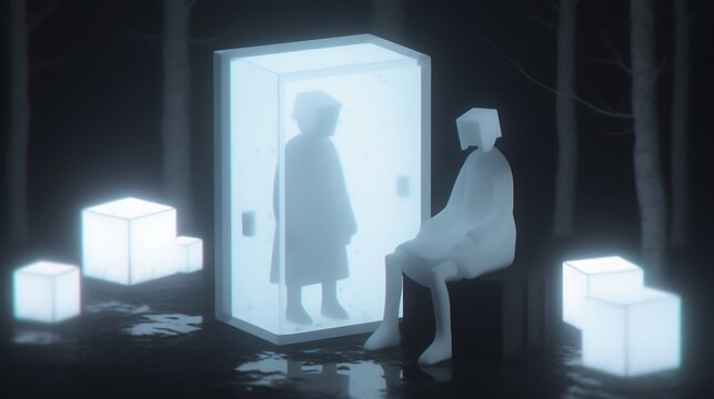 Solitary figure sits near a glowing glass box in a dark forest. - Powered by Adobe