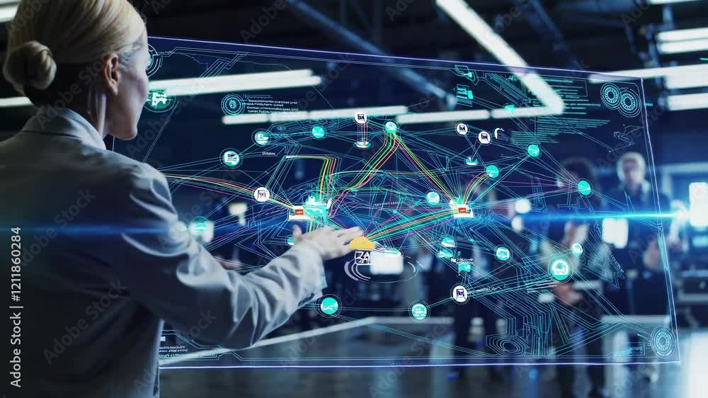 Poster interactive holographic display showcases network data during a tech summit in a modern conference h