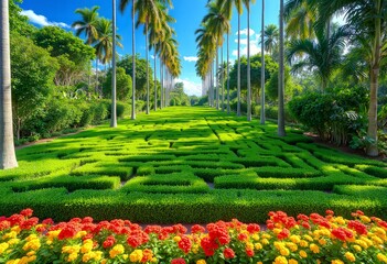 Palm trees and green maze with red and yellow flowers
