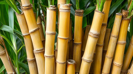 Fototapeta premium Golden bamboo stalks in lush green foliage, garden background, nature texture