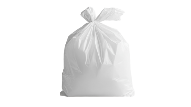 A clean white garbage bag filled with household waste awaiting collection in bright daylight