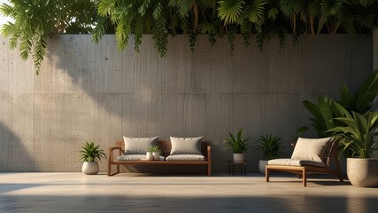 Obraz premium Empty exterior concrete wall with tropical style garden 3d render,decorate with tropical style tree ,sunlight on the wall