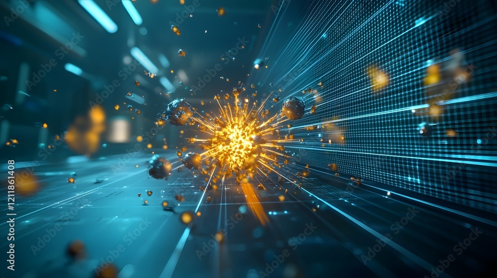 Poster a quantum computing simulation visualizing the intricate process of nuclear fission reactions highli