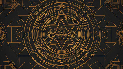 Golden geometric mandala pattern, intricate design, dark background, spiritual art, ideal for meditation or yoga