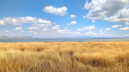 Fototapeta premium Golden grass field by calm lake under a blue sky with fluffy clouds; scenic landscape for travel brochures