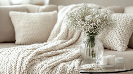 Cozy living room, knit throw, flowers, candles, relaxation