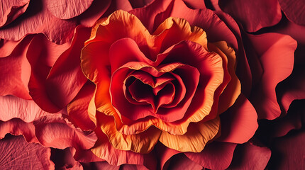 Naklejka premium Vibrant macro photograph of a rose, deep red petals, intricate floral details, layered textures, dramatic lighting, dark shadows, high contrast, extreme close-up, romantic mood, botanical art, rich co