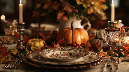 Naklejka premium A festive Thanksgiving table setting with a pumpkin centerpiece, fall leaves, candles, and traditional dishes like stuffing and pie, creating a warm, welcoming atmosphere for the holiday.