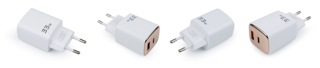 White phone charger on grey background. White voltage charger for phone and gadgets charge. Smartphone charger