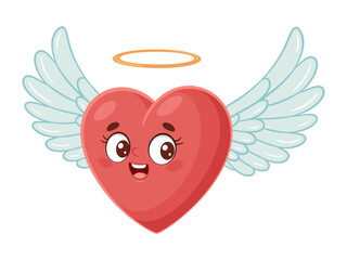 Cute flying heart character with wings and halo, doodle style. Hand drawn cartoon flat style isolated icon cute flying heart. Angel heart with wings. Cupid Love Valentine’s Day. Vector illustration