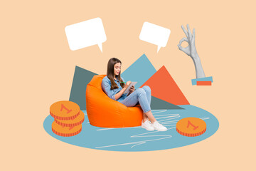 Composite photo collage of happy girl sit beanbag coin income write planer notepad pencil bubble talk mind isolated on painted background