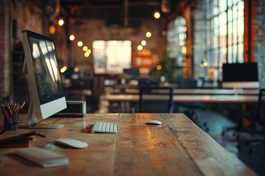Close-up of wooden table with laptops and potted plant in sunlight. Interior of coworking office without people. Large windows and wooden tables in soft sunlight.