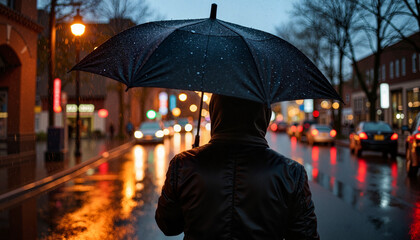 Introspective person holding umbrella in rainy urban street, solitude