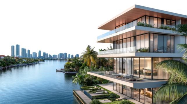 Modern waterfront mansion with stunning city skyline view during the bright afternoon