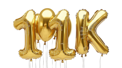 Celebrating a milestone with golden balloons announcing 11K in a festive atmosphere