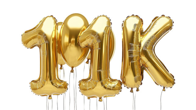 Celebrating a milestone with golden balloons announcing 11K in a festive atmosphere