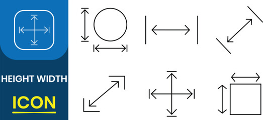 Height and width vector icon set. Area or size, Property, real estate, construction, mortgage, interior, Measurement and resizing. Vector illustration.
